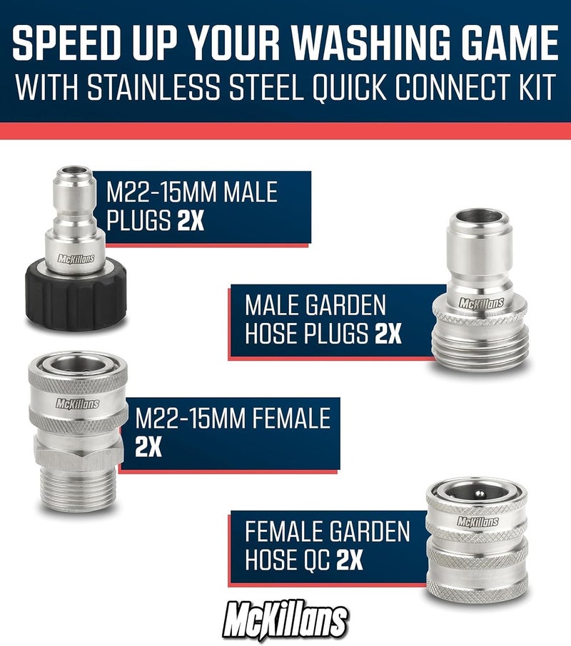 McKillans ® M22-15mm Pressure Washer Quick Connect Kit, M22-15mm to 3/8" Male Female Quick Disconnect Kit for Power Washer (Stainless Steel) - Image 3